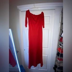 A long, silky red dress
